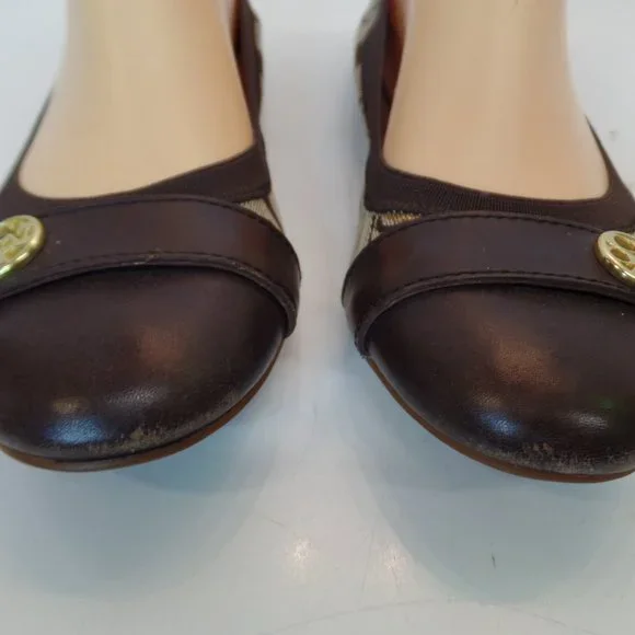 Coach Chelsey Signature Logo Fabric Brown Leather Flats Goldtone Hardware Sz 8 - Picture 4 of 15